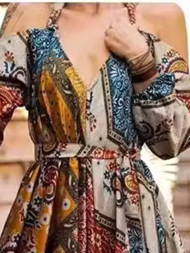 Sexy Women's Spaghetti Strap Skirt Jumpsuit Spring Vintage Print Long Sleeve Harlan Pocket Wide Leg Pants Loose Rompers Women