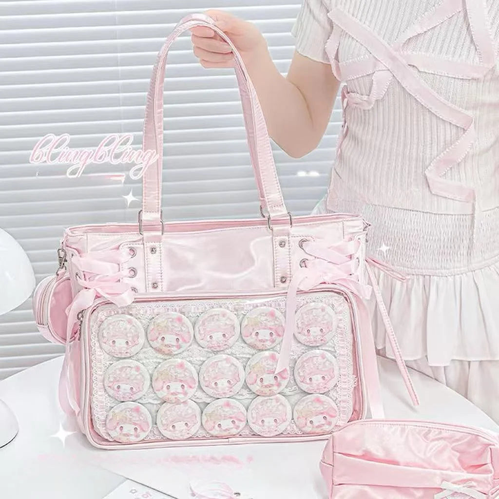 Sweet Cute Bow Shoulder Bags Women Horizontal Transparent Large Capacity Anime Ita Bag Ladies Harajuku Solid Color Handbag Chic