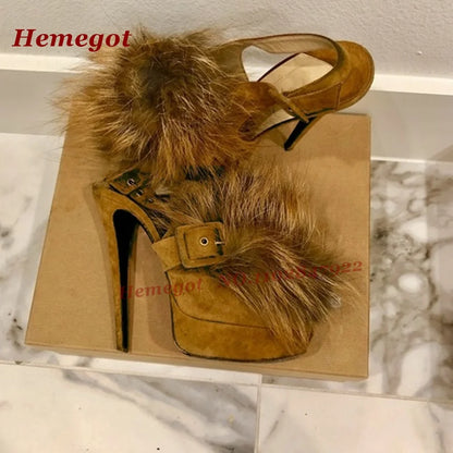 Fluffy Fur Platform Buckled Sandals Round Toe Stiletto High Heels Slingback Women's Sandals Side Air Autumn Suede Patchwork Shoe