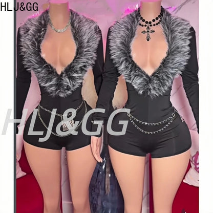 HLJ&GG Black Sexy Fur Splicing Deep V Bodycon One Piece Rompers Women Long Sleeve Slim Jumpsuits Fashion Streetwear With Belt