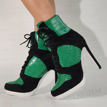 LAIGZEM Women Ankle Boots Round Toe Thin High Heels Lace Up Short Boots Patchwork Ladies Shoes Woman Big Size 38 41 43 45 52