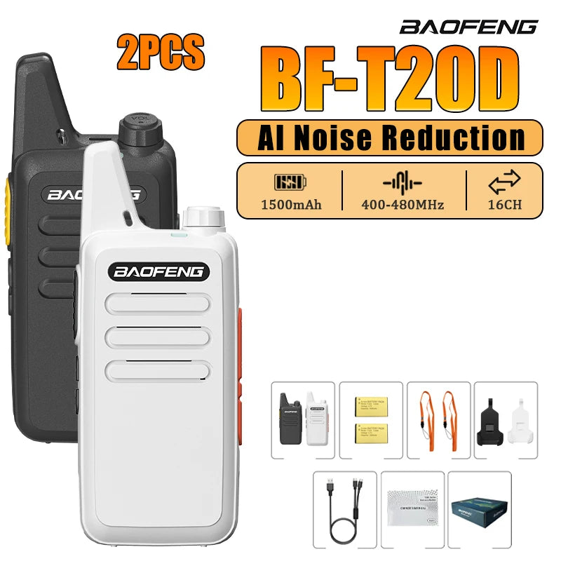 2/4PCS Baofeng BF-T20D Portable Walkie Talkie Type-C Charging 400-480Mhz AI Noise Reduction 16 Channels Mini Two Way Ham Radio
