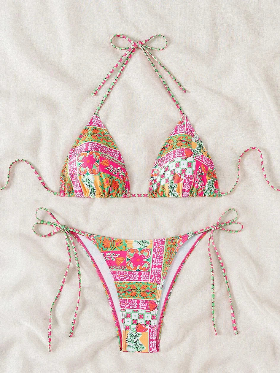 Swimsuit 2026 Female Micro Bikini Women Swimwear Summer Beachwear Women's Bathing Suit Floral Print Neck Halter Thong Bikini Set
