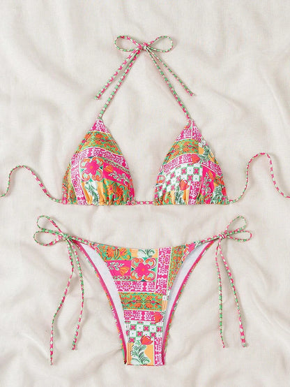 Swimsuit 2026 Female Micro Bikini Women Swimwear Summer Beachwear Women's Bathing Suit Floral Print Neck Halter Thong Bikini Set