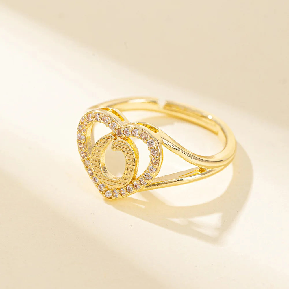 White Zircon 26 Letters A-Z Love Heart Open Adjustable Rings For Women Gold Silver Color Wedding Band Jewelry Mother's Day Gifts