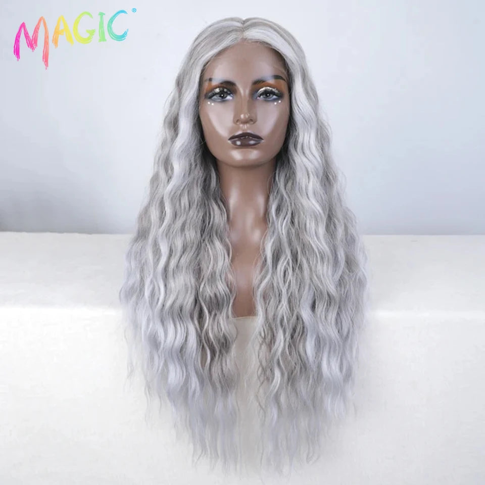 Magic Synthetic Lace Front Wig Long Deep Wavy 30 Inch Ombre Blonde Ginger Lace Wigs For Black Women Heat Resistant Cosplay Wigs