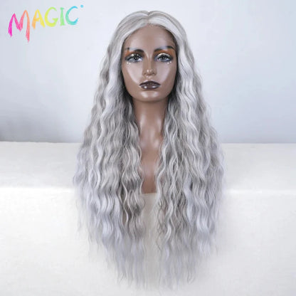 Magic Synthetic Lace Front Wig Long Deep Wavy 30 Inch Ombre Blonde Ginger Lace Wigs For Black Women Heat Resistant Cosplay Wigs
