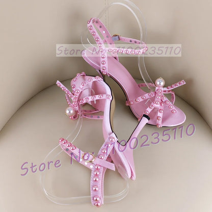 Pink Pearl Bowknot High Heels Sandals Women Sweet Luxury Cross Strap High Heels Sandals Women Luxury Elegant Party Shimmer Shoes