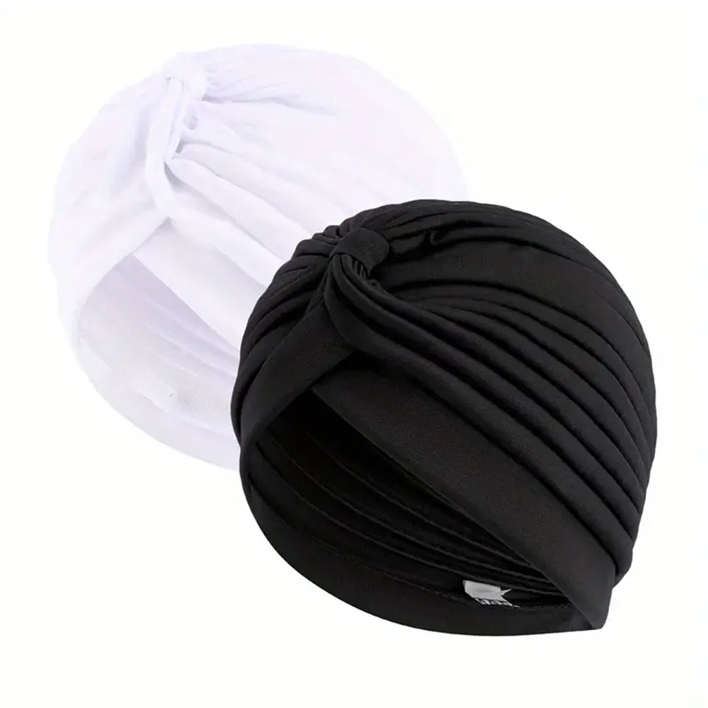 2pcsWomen's Pleated Knot Turban Hat, Soft Stretchy Beanie Cap for Chemo Hair Loss, Muslim Hijab Headwrap, Fashion Daily Headwear