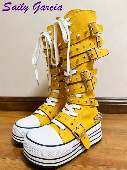 Festival Rave Orange Platform Boots Punk Rivet Buckle Straps Knee High Boots 2026 Fashion Thick Sole Women Shoes Party Footwear