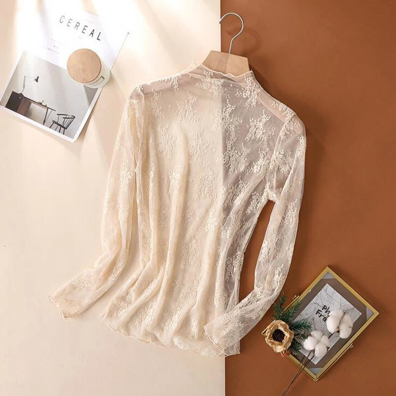 Sexy Women Mesh T-Shirts Transparent Lace Blouse Long Sleeve See Through Tops For Women Bottoming Shirt Sheer Tees Body Crop Top