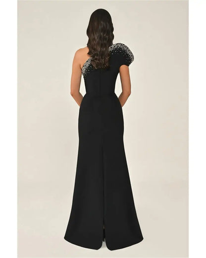 Aunber Elegant Crystal Appliques One Shoulder Evening Prom Dresses Gown Black Irregular Mermaid Party Dresses Women Customized