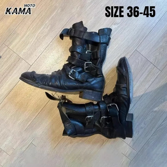 Black Multiple Buckles Pleated Mid-Calf Boots Woman Winter 2026 Round Toe Chunky Heels Punk Style Biker Boots Knight Boots
