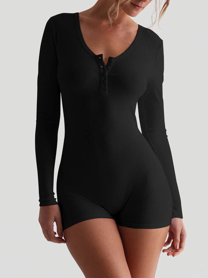 Hugcitar Spring Ribbed Solid Square Collar Long Sleeve Buttons Sexy Bodycon Skinny Playsuit Women Casual Romper Streetwear Sport