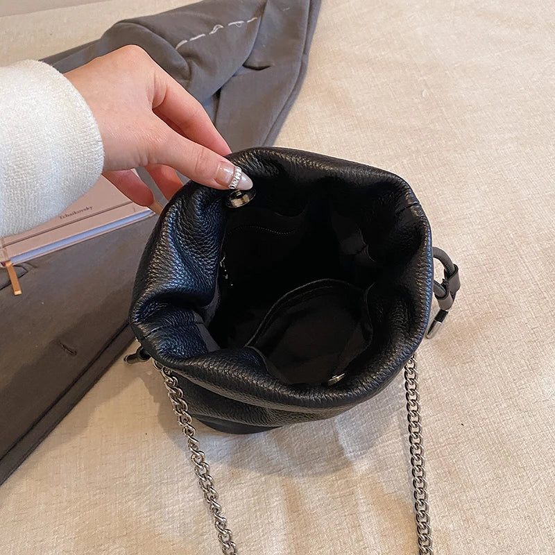 100% Genuine Leather Women Shoulder Crossbody Bags High Quality Solid Color Cow Leather Bucket Handbag Luxury Female Sac