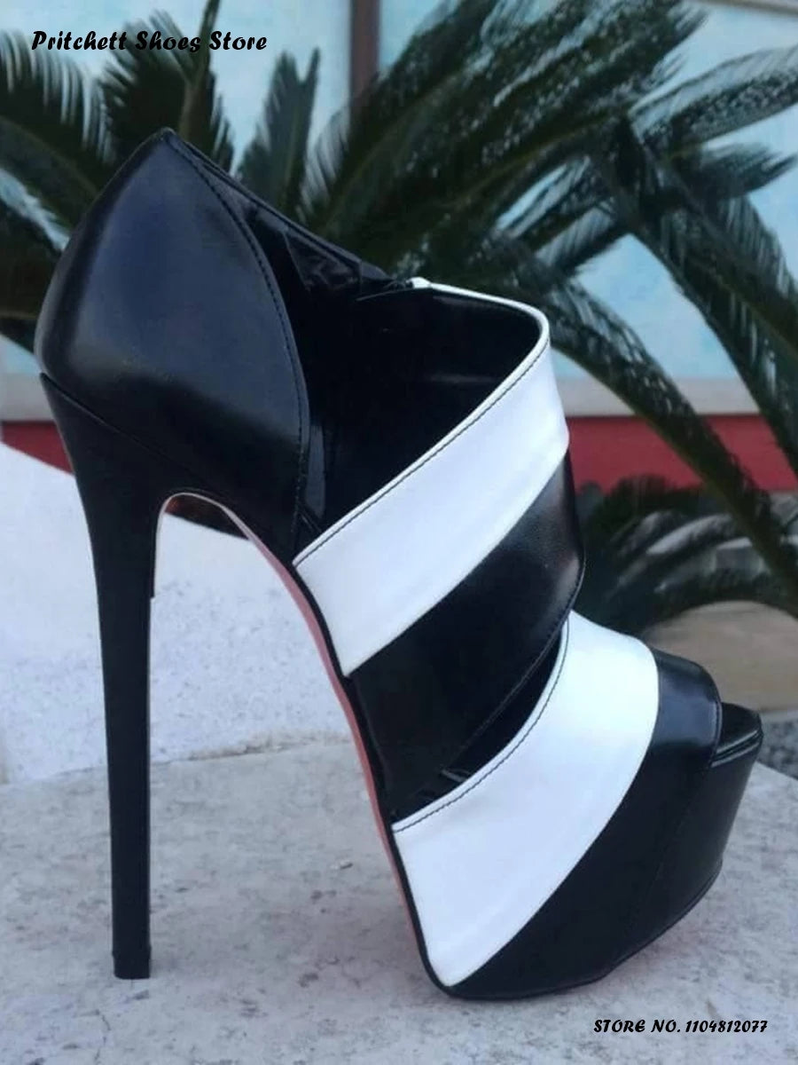 Women's Black and White Platform Pumps Spring Summer Splicing Cut Out Stilettos Elegant Round Open Toe Thin Heels Pull On Shoes