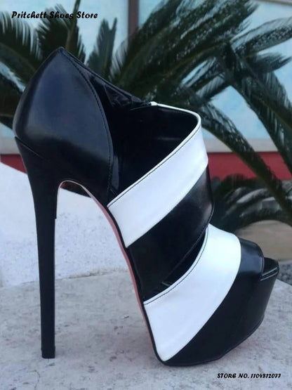 Women's Black and White Platform Pumps Spring Summer Splicing Cut Out Stilettos Elegant Round Open Toe Thin Heels Pull On Shoes