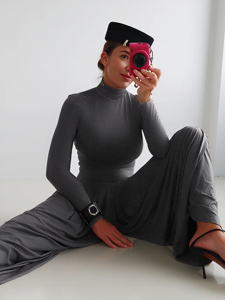 Whatiwear Casual Fashion Jumpsuits Woman Autumn Trend Turtleneck Full Sleeve Ruched Design Daily Simple Office Style Overalls