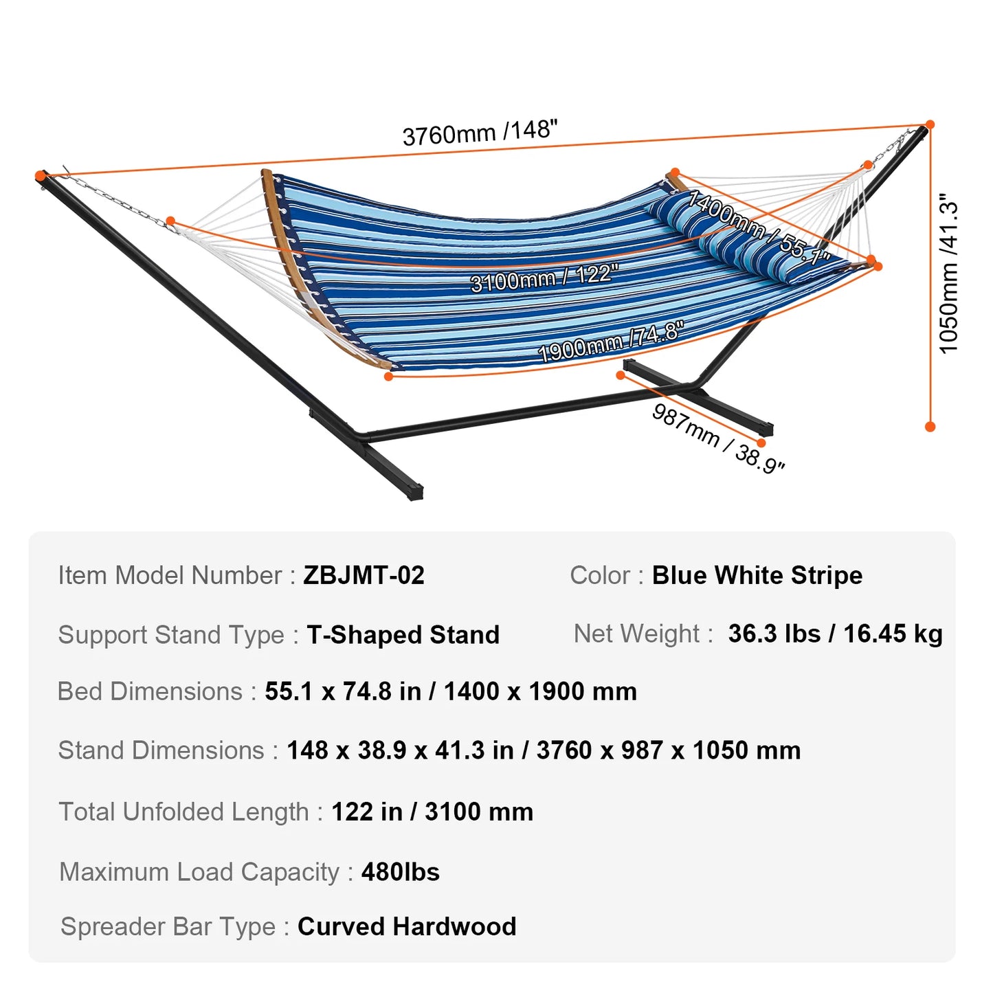 SucceBuy Two Person Hammock with Stand Included Double Hammock with Curved Spreader Bar and Detachable Pillow and Portable Bag