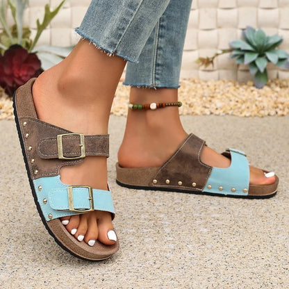 Women's Luxury Metal Buckle Decorated Slippers New Retro Thick-Soled Casual Shoes Summer Outdoor Vacation Beach Slippers Size43