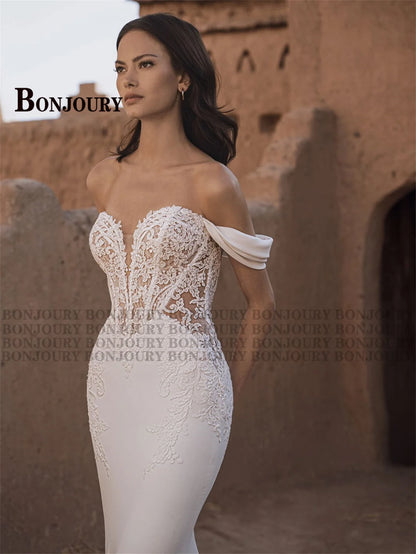 BONJOURY Elegant Wedding Dresses for Bride Off the Shoulder Appliques Trumpet Zipper Court Train Abito Da Sposa Customized