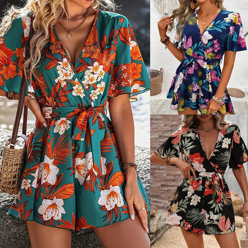 Bohemian Floral Print Short Jumpsuits For Women Summer Short Sleeve Wide Legs One Pieces Elegant 2025 Beach Wear Casual Outfit