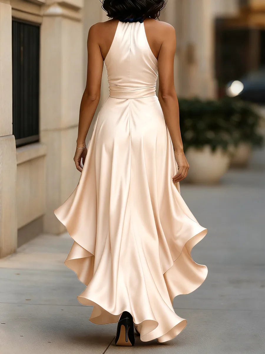 Women's Deep V-Neck Ruffled Evening Gowns Solid Lace-Up High Waist Satin Party Dresses Elegant Temperament Wedding Guests Dress