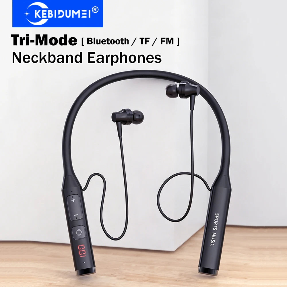 KEBIDUMEI Neckband Headphones Bluetooth TF FM Tri-mode Wireless Earphones Bluetooth Headsets HiFi Stereo Noise Reduction Earbuds