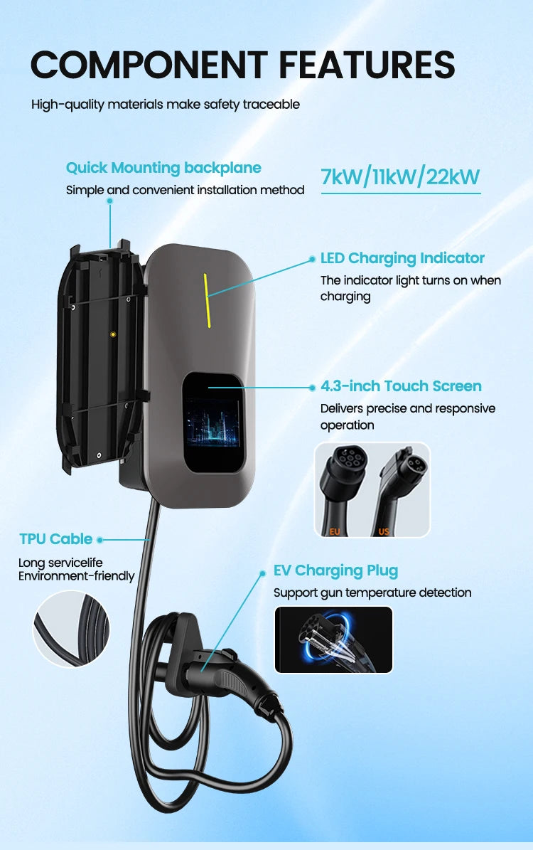 Manufacturers 11kW GBT OCPP1.6J Commercial Electric Vehicle Wallbox EV Charger Pile AC Fast Charging Station