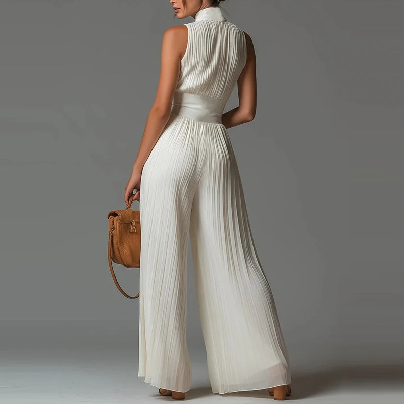 Elegant Lady Zipper Wide Leg Playsuits Stand Collar High Waist Pleat Jumpsuit Fashion Sleeveless Pure Color Slim Commute Rompers