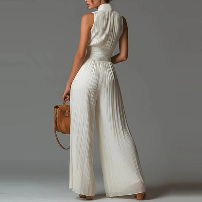 Elegant Lady Zipper Wide Leg Playsuits Stand Collar High Waist Pleat Jumpsuit Fashion Sleeveless Pure Color Slim Commute Rompers