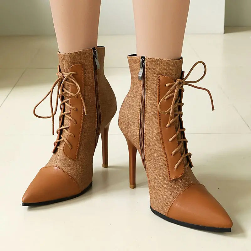ANOVISHANA Elegant Fmeale Ankle Boots Pointed Toe 11cm Thin High Heels Zipper Lace Up Mixed Color Large Size 40 41 Short Autumn