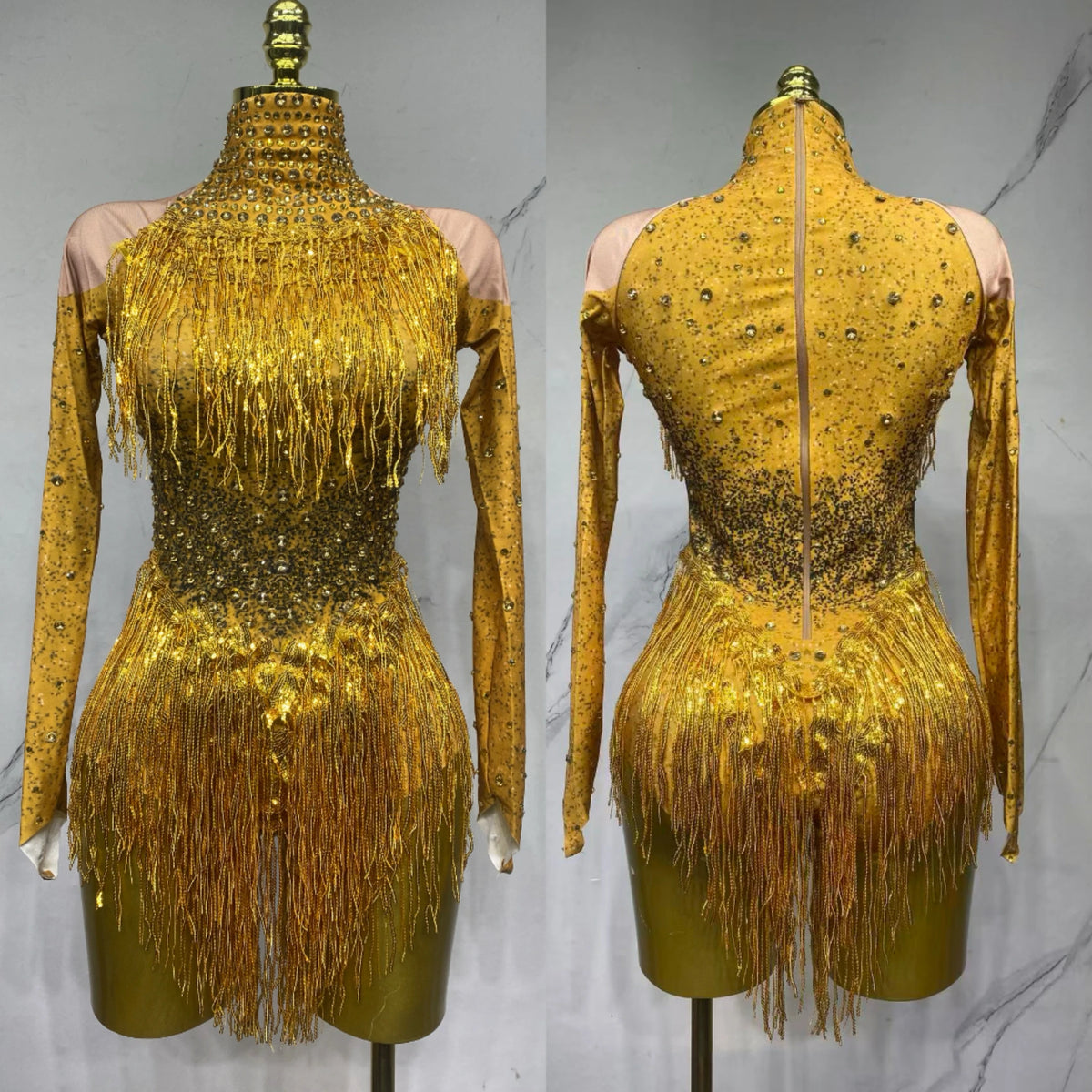 Sparkly Rhinestones Sequins Tassels Bodysuit for Women Sexy Performance Dance Costume Singer Dancer Leotard Show Stage Wear