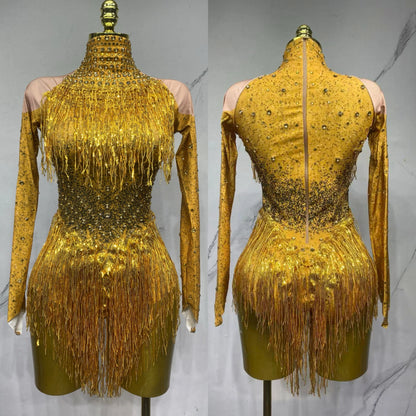 Sparkly Rhinestones Sequins Tassels Bodysuit for Women Sexy Performance Dance Costume Singer Dancer Leotard Show Stage Wear