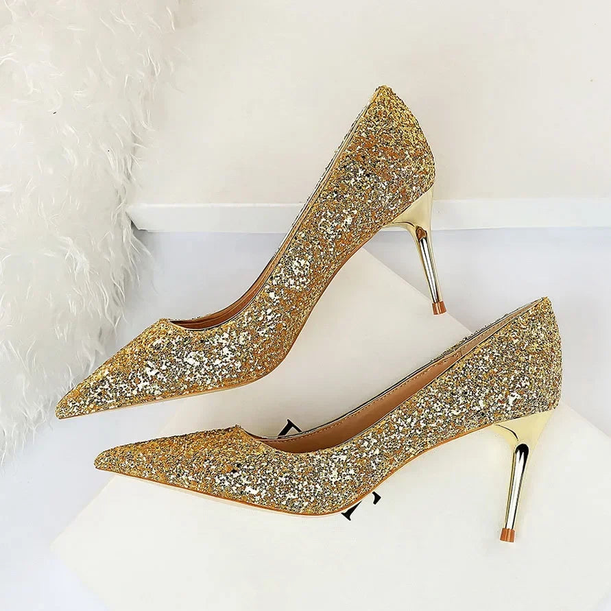 Women Luxury Bling Red  Blue Valentine Party Scarpins Pumps Lady Glitter Sequins 7cm 9.5cm High Heels Designer Shoes Plus Size