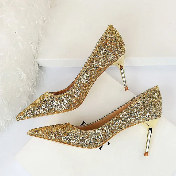 Women Luxury Bling Red  Blue Valentine Party Scarpins Pumps Lady Glitter Sequins 7cm 9.5cm High Heels Designer Shoes Plus Size