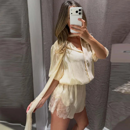 HXAO Lace Bodysuit Women Off White Short Jumpsuit With Bow Ties Puff Short-Sleeved Button Playsuit Summer Casual Baggy Rompers