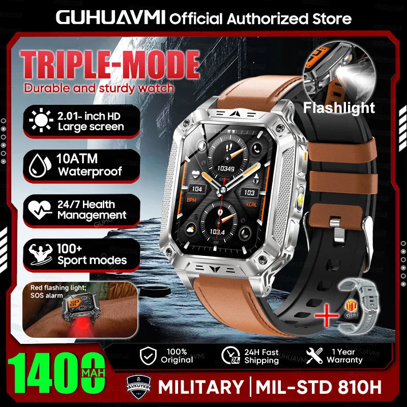 2026 New Military outdoor 1400mAh Battery SmartWatch Men Waterproof Call 2.01" HD AMOLED Sports Heart rate Flashlight Smart Band