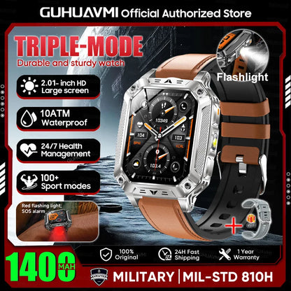 2026 New Military outdoor 1400mAh Battery SmartWatch Men Waterproof Call 2.01" HD AMOLED Sports Heart rate Flashlight Smart Band