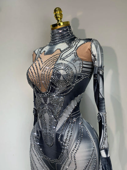2025 Sexy Stretchy Performance Dance Nightclub Rompers Singer Stage Wear Sparkly Rhinestones Jumpsuit Gloves for Women Costume