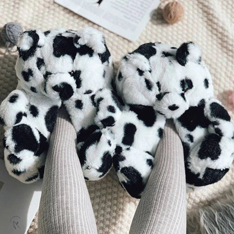 Cute Teddy Bear Plush Winter Slippers, Wrapped Heel Funny Indoor Floor Shoes, Women Gift, Warm Soft Cartoon Fluffy Animal Slippe