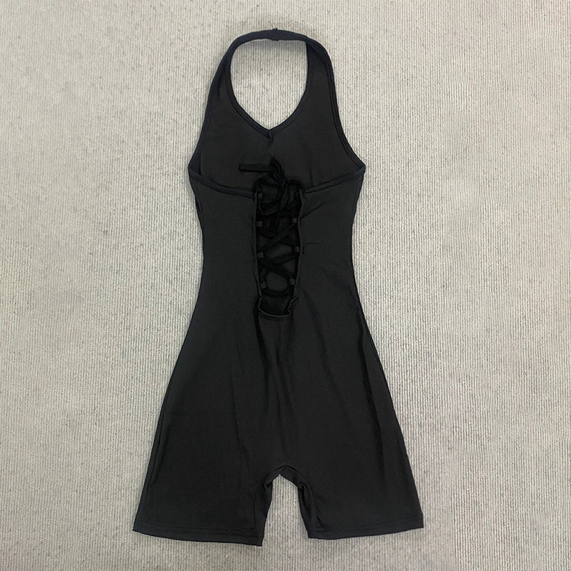 2026 New Arrival Women Black Halter Neck Romper, Deep V Neck Backless Short Jumpsuit, Y2K Sexy Bodycon Playsuit for Club Party
