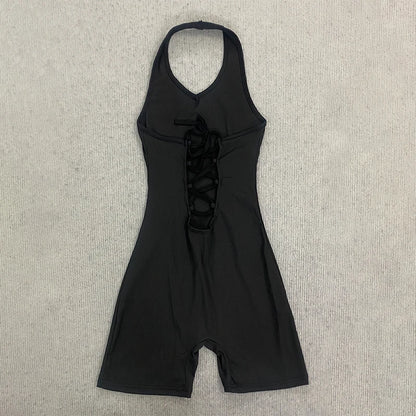 2026 New Arrival Women Black Halter Neck Romper, Deep V Neck Backless Short Jumpsuit, Y2K Sexy Bodycon Playsuit for Club Party