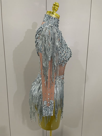 Women Sparkly Rhinestone Sequin Tassel Stretch Bodysuits 2025 New Arrival Birthday Party Nightclub Dj Stage Performance Costume