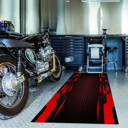 Red Black Honeycomb Motorcycle Mat, Anti-Slip Garage Floor Mat for Motorbike Parking, Absorbent, Cyber Tech Style, Home Decor
