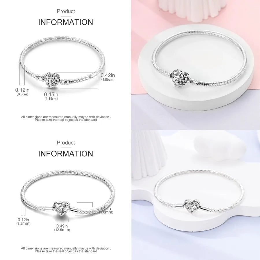 Silver 925 Bracelet Original Bracelets Colorful Zircon Heart Flower Cat Snake Chain For DIY Charms 17-20CM Luxury Jewelry Gifts