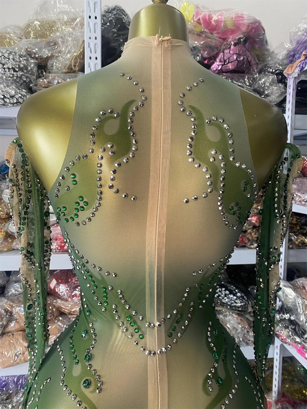 Sparkly Rhinestones Printed Mesh Bodycon Green Jumpsuits With Sleeves See Through Masquerade Costume Dress Night Club DJ Gogo
