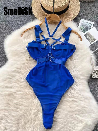 Coquette Lace Lingerie Set Sexy Mesh Bodysuit Valentines Day Sleepwear Gothic Strappy Catsuit Intimate Nightwear Romper