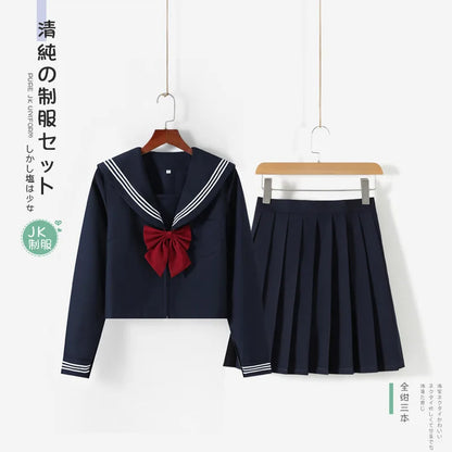 Navy Blue JK Uniform, Red Tie Three Basic Sailor, Short/long Sleeve Japanese School Uniforms For Girls Pleated Skirt JK Sets