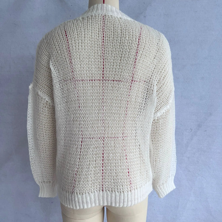 Women Knitting Cardigan 2026 New Women Mohair Knit Cardigan Hollow Out Sheer Long Sleeve Casual Knitted Outerwear Sweater
